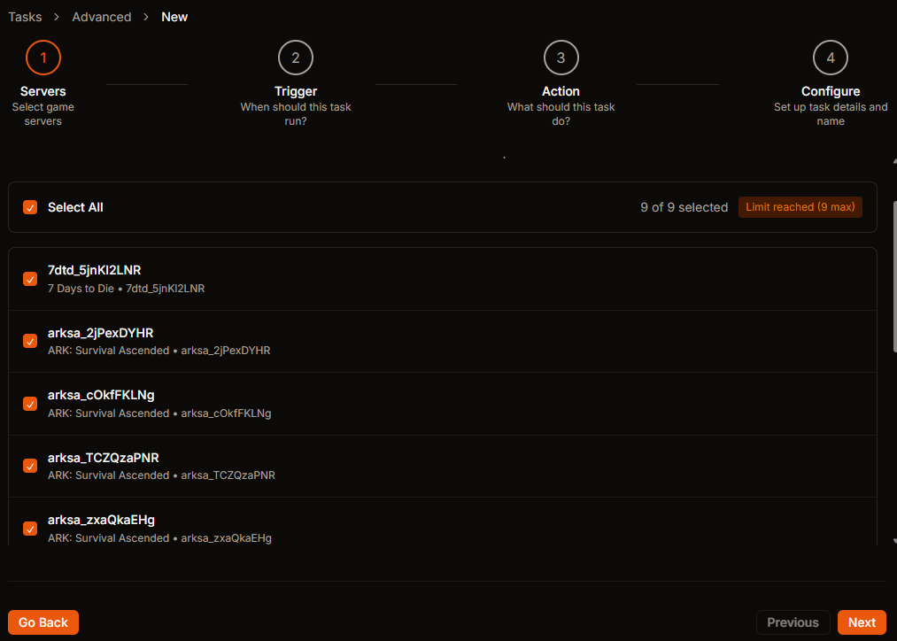 Advanced Task Creation - Server Selection