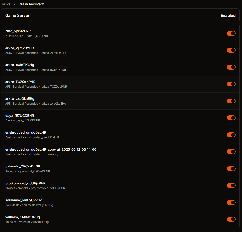 Crash Recovery Tasks Configuration Interface