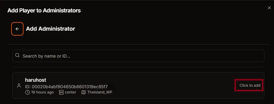 Add Administrator modal showing search results with Click to add