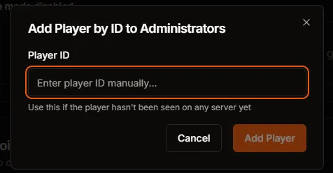 Add Player by ID dialog with manual entry field