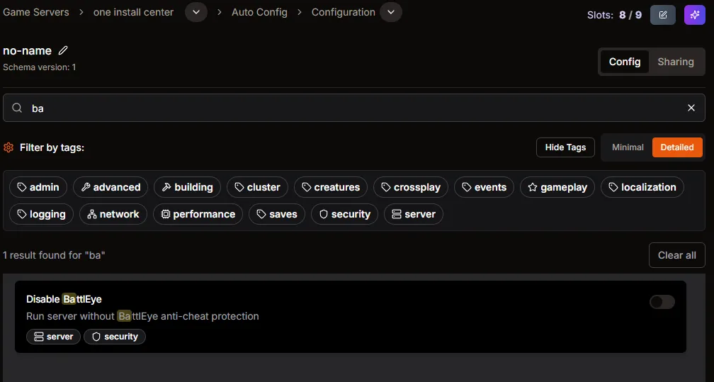 Search results showing the Disable BattlEye toggle