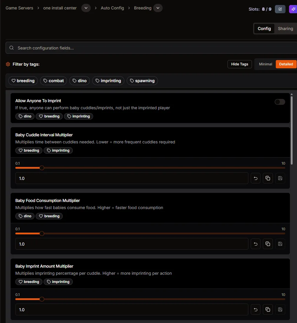 Breeding options with sliders and toggles in Auto Config