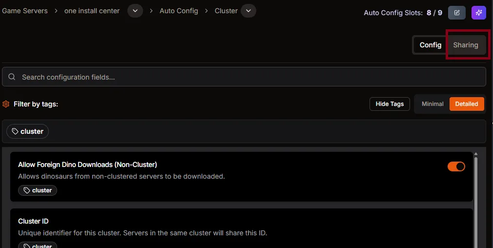 Sharing tab highlighted in the Cluster section