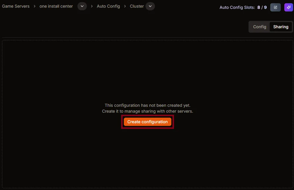 Create configuration button highlighted when no cluster exists yet