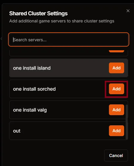 Shared Cluster Settings dialog with Add buttons for more servers