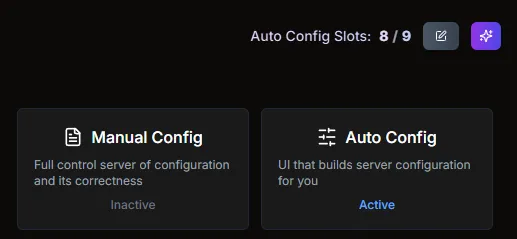 Manual Config and Auto Config cards showing slot usage