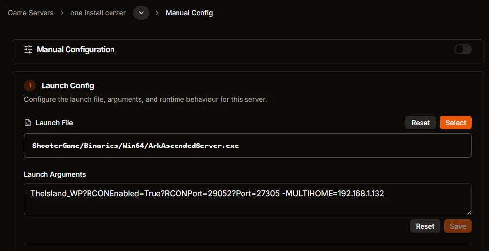 Manual Config editor with launch arguments field
