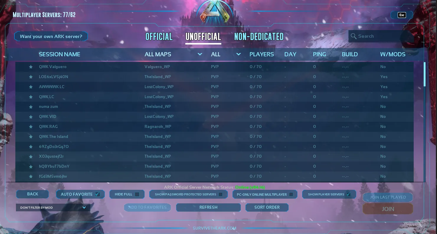 ARK: Survival Ascended server browser with the Unofficial tab selected