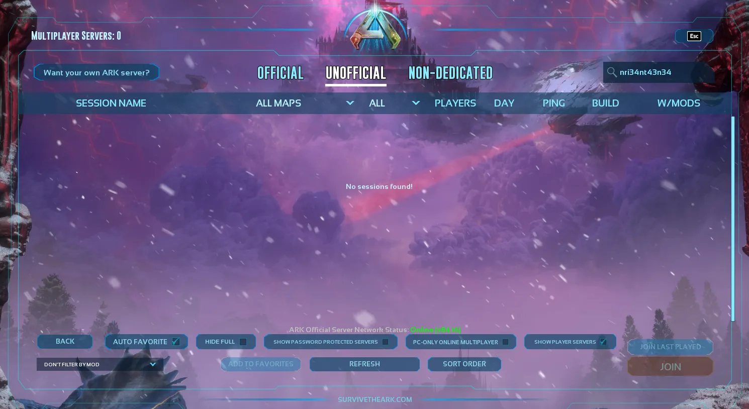 ARK: Survival Ascended browser with the lobby title entered and no sessions found yet