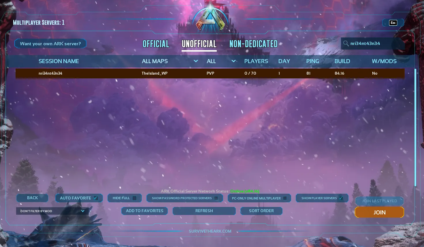 ARK: Survival Ascended server browser with the matching server selected and Join available