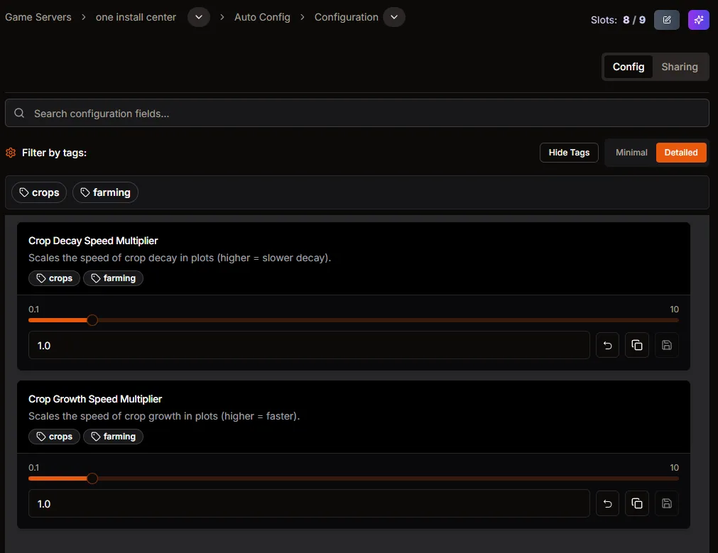 Crop settings sliders for decay and growth multipliers