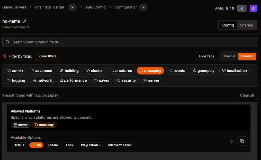 Allowed Platforms setting with crossplay tag and options