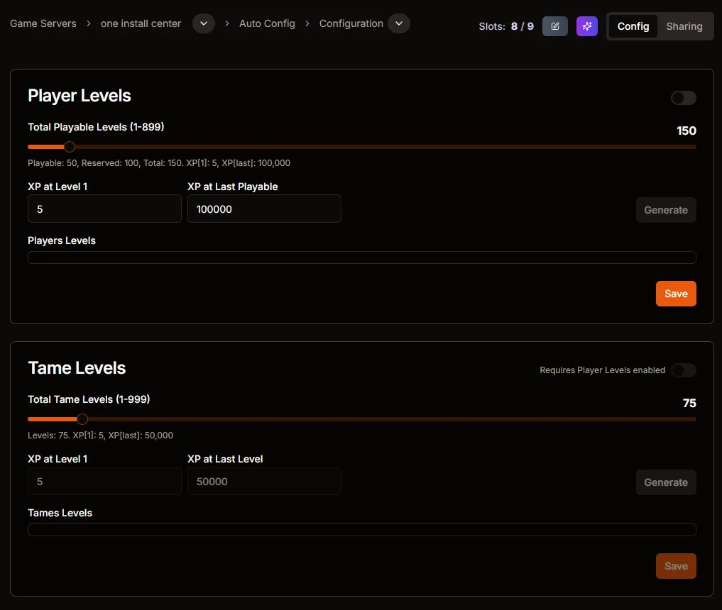 Custom Levels player configuration with slider and Generate button