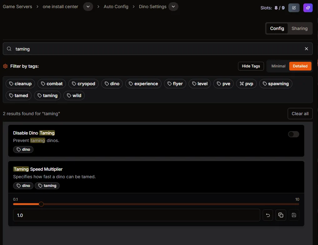 Dino Settings search results showing the Taming Speed Multiplier slider