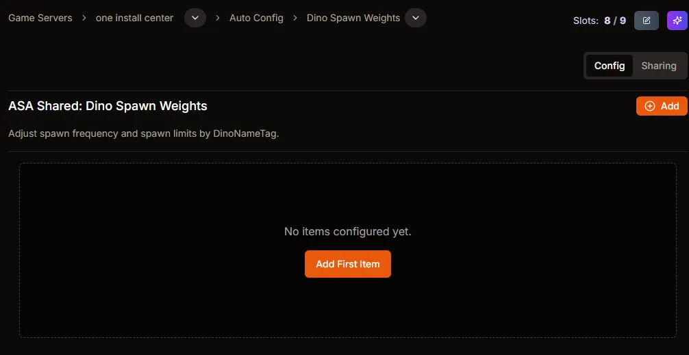 Dino Spawn Weights page with Add button