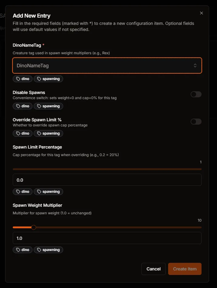 Add New Entry dialog showing DinoNameTag, Disable Spawns, Spawn Limit %, and Spawn Weight Multiplier
