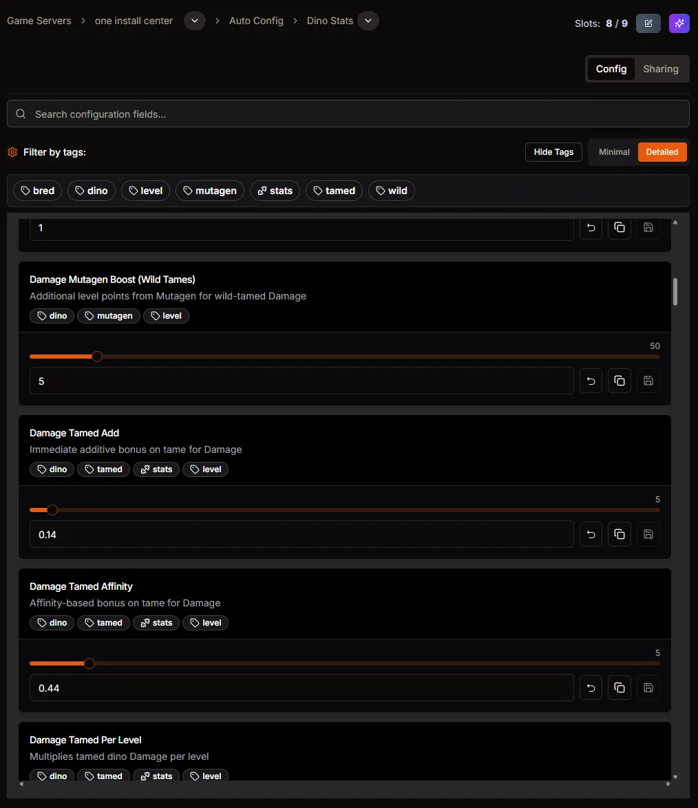 Dino Stats view with Damage Tamed Add, Affinity, and Per Level sliders