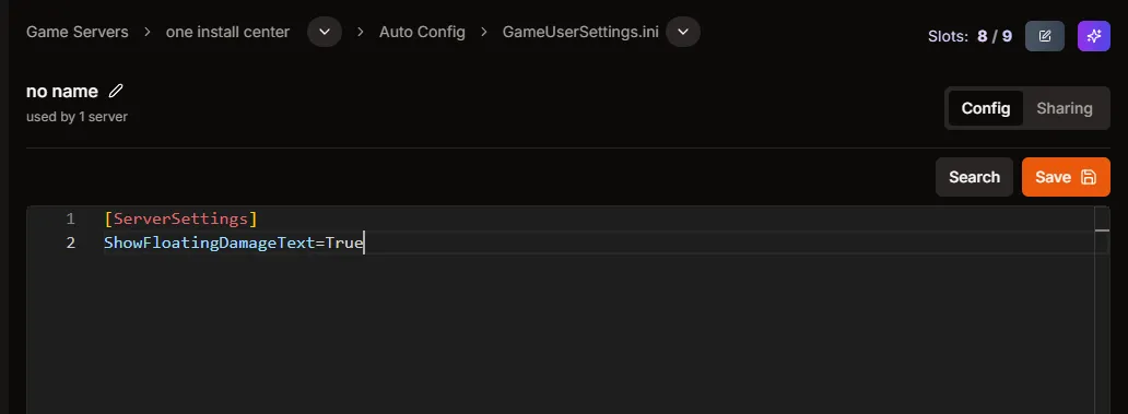 Editor showing [ServerSettings] and ShowFloatingDamageText=True with Save button