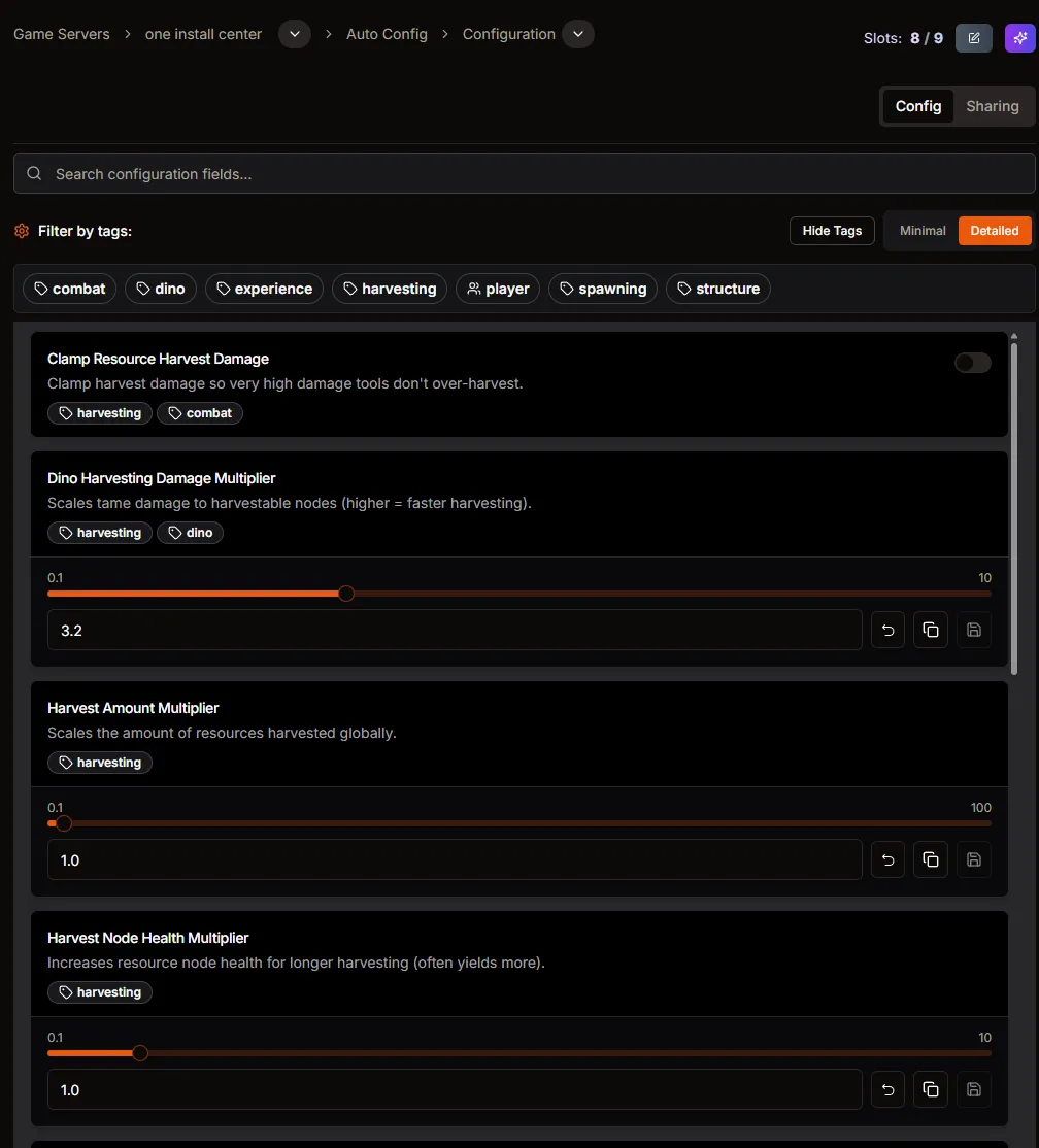 Harvesting configuration sliders in Auto Config