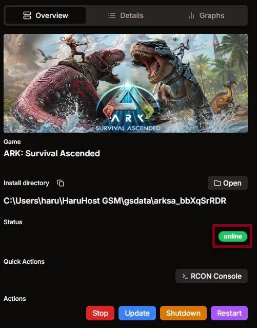 Overview tab with server status showing Online