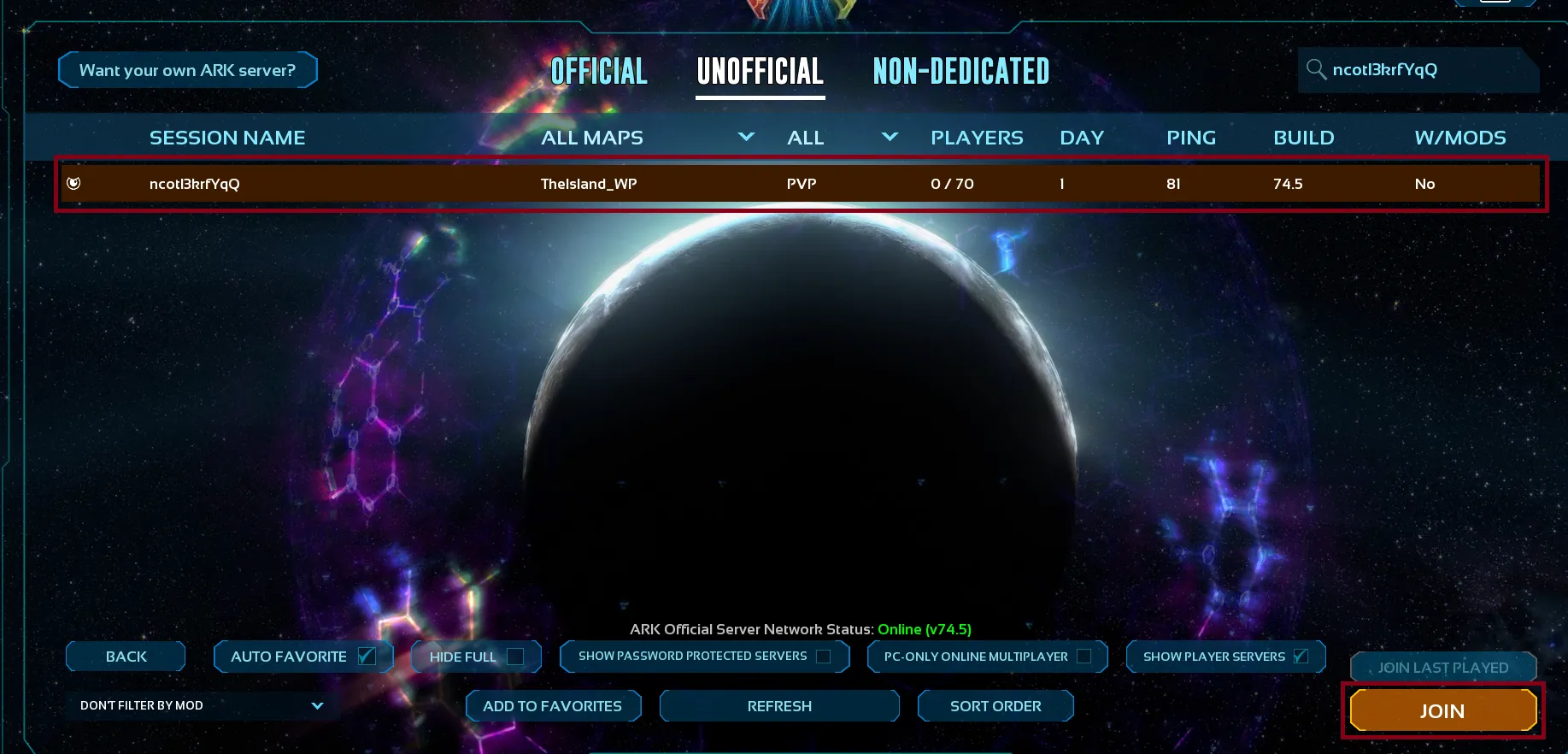 Server selected in list with Join button