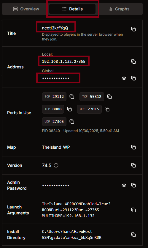 HaruHost Details tab showing local and global addresses for direct connection