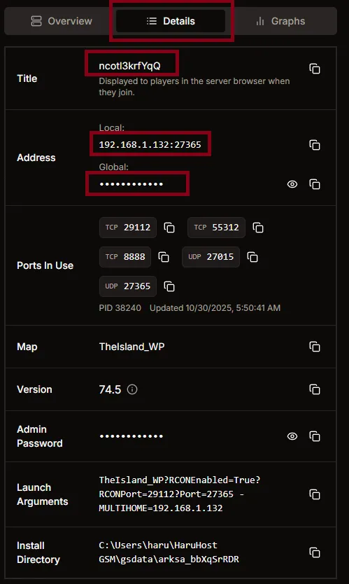 Details tab highlighting Local and Global addresses