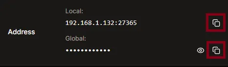 Copy buttons next to Local and Global addresses