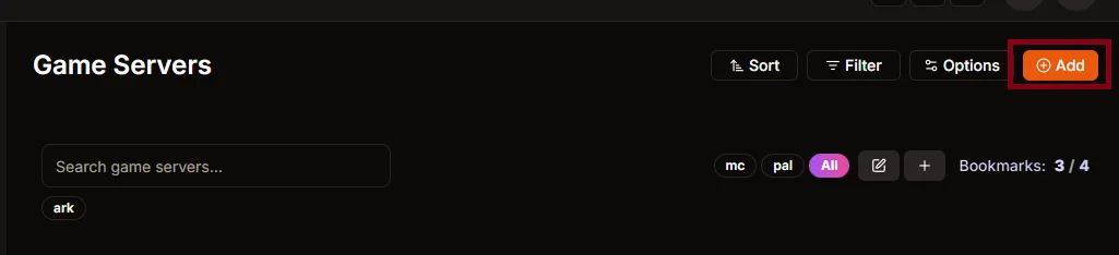 Game Servers list with Add button highlighted in the top right