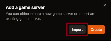 Add a game server dialog showing the Import button selected