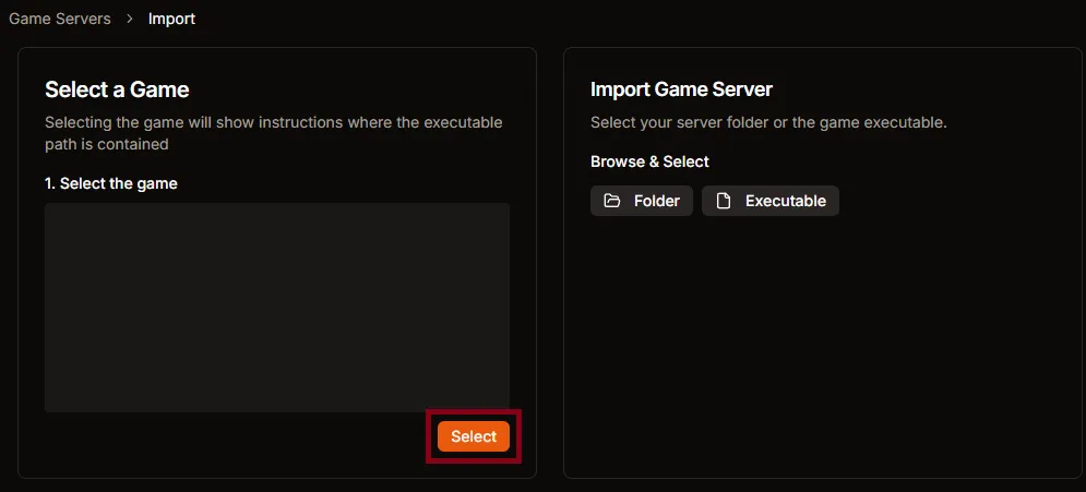 Import wizard card with the Select button highlighted under Select the Game