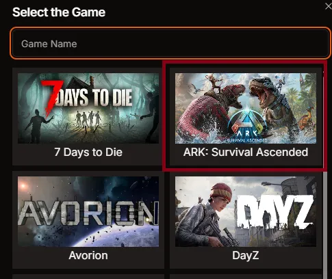 Select the Game modal with ARK: Survival Ascended highlighted