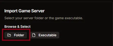 Import Game Server panel with the Folder option highlighted