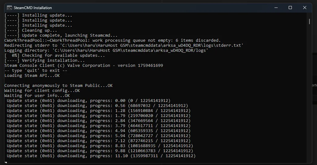 SteamCMD console with download progress