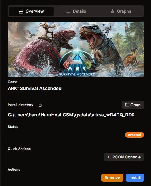 Server overview with Install button and status created