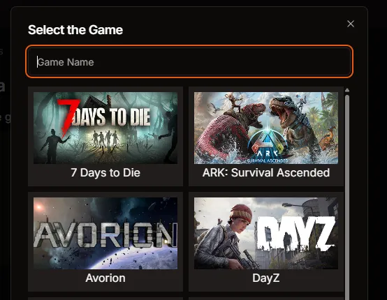 Select the Game modal with Ark Survival Evolved highlighted