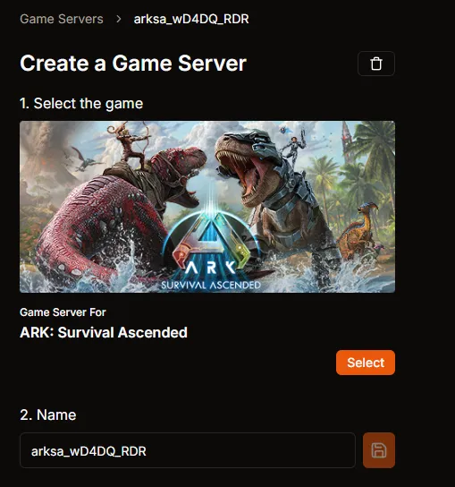 Create a Game Server with selected game and name field