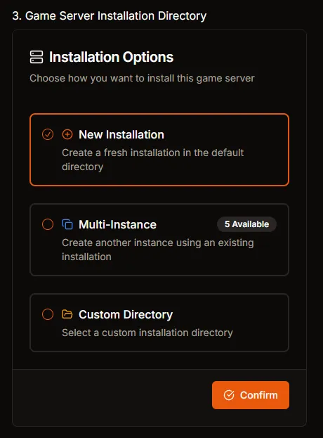 Installation Options showing New, Custom Directory
