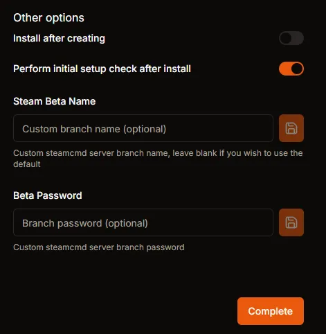 Other options panel with Install after creating and setup check