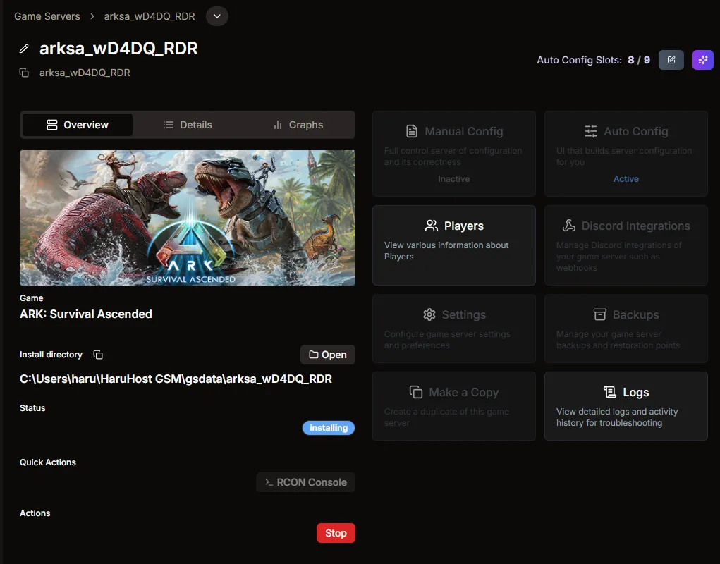 Server overview showing installing status and tiles