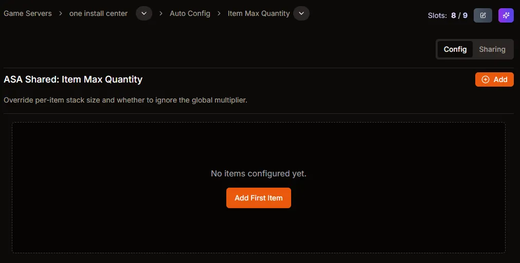 Item Max Quantity page with Add button and empty list
