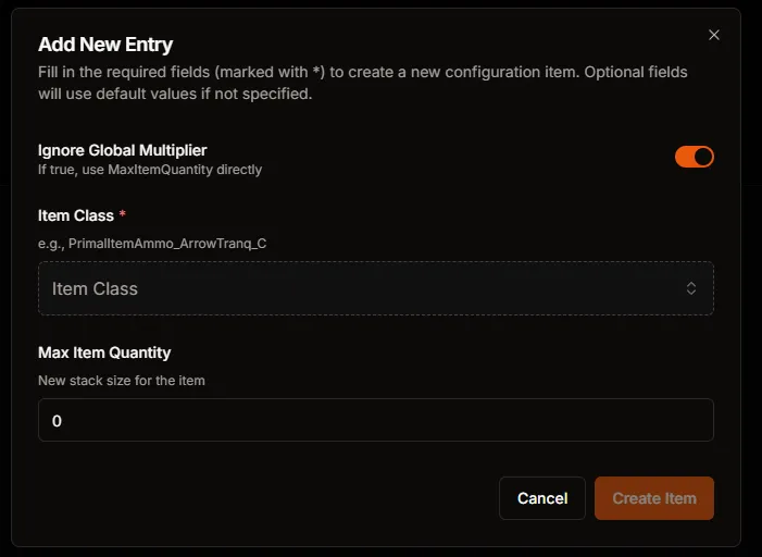Add New Entry dialog with Ignore Global Multiplier, Item Class, and Max Item Quantity fields