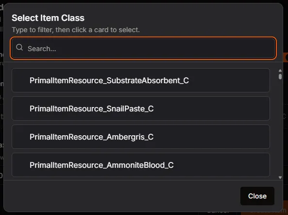Item Class selector with search and autocomplete results