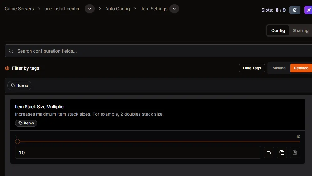 Item Stack Size Multiplier slider under Item Settings