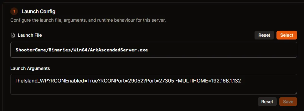 Launch Config panel showing the server executable path and launch arguments