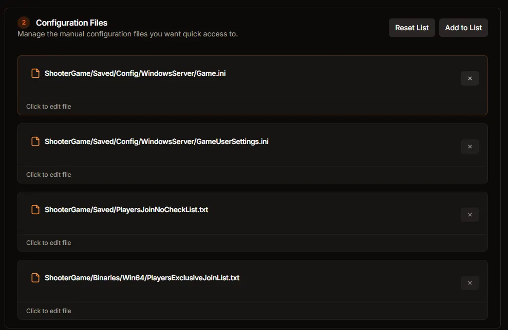 Configuration Files list showing Game.ini, GameUserSettings.ini, and player lists