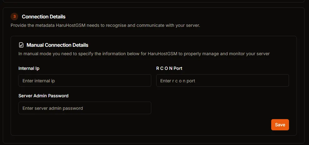Connection Details panel with Internal IP, RCON Port, and Server Admin Password inputs
