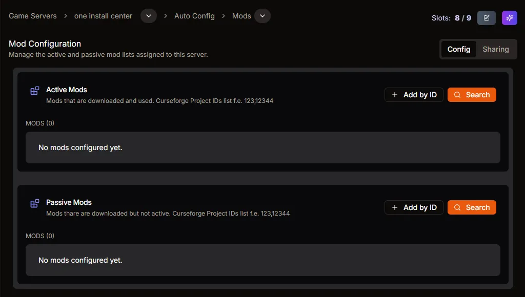 Auto Config Mods screen showing Active and Passive mod ID lists