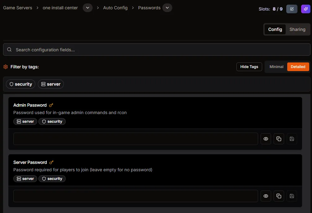 ARK: Survival Ascended Passwords page in HaruHost showing the server password field