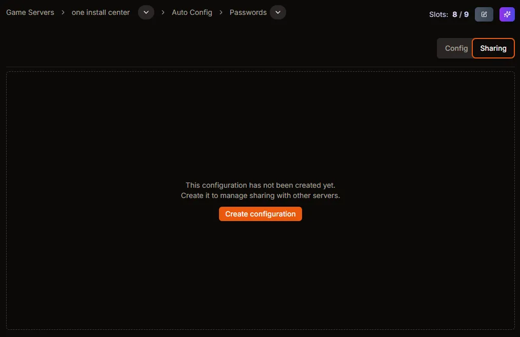 Sharing tab prompting to create configuration